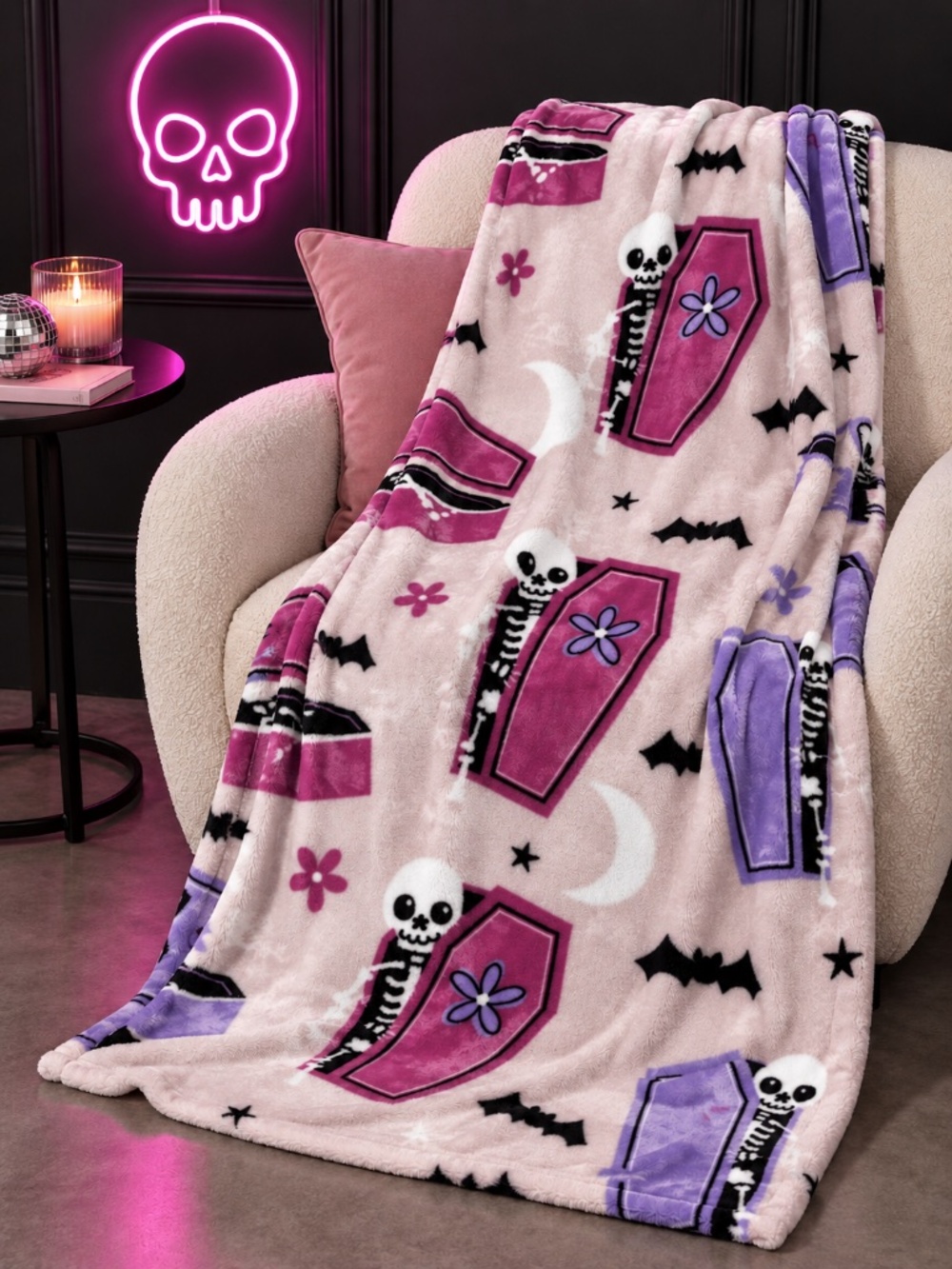 Betsey Johnson Halloween Plush Throw Blanket 50x70 Skeleton Coffin Bats Pink